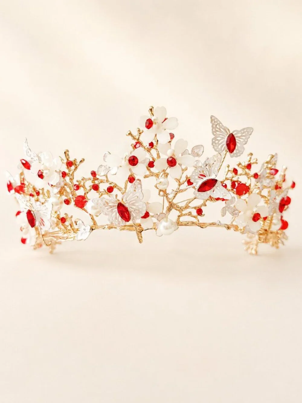 Red Crystal Butterfly Crown, Gold Floral Tiara, Wedding Bridal Headpiece